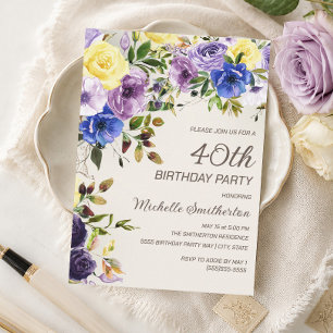 Purple Yellow Watercolor Floral 40th Birthday Invitation