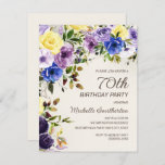 Purple Yellow Watercolor Floral 70th Birthday Invitation<br><div class="desc">Pretty purple and yellow watercolor floral botanical watercolor 70th birthday party invitation for women. Text is an elegant calligraphy brush font and is aligned on the right side of the card. This birthday party invitation is perfect for your springtime or summer celebration. Contact me for assistance with customization or to...</div>