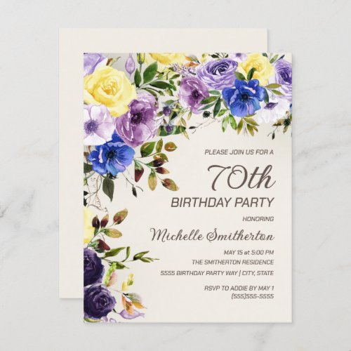 Purple Yellow Watercolor Floral 70th Birthday Invitation