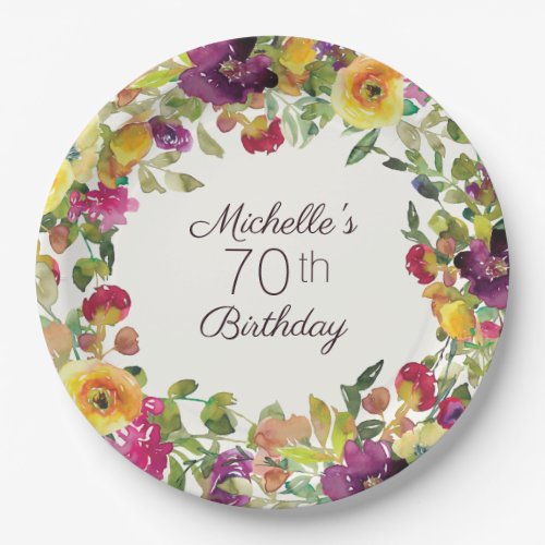 Purple Yellow Watercolor Floral 70th Birthday  Paper Plates