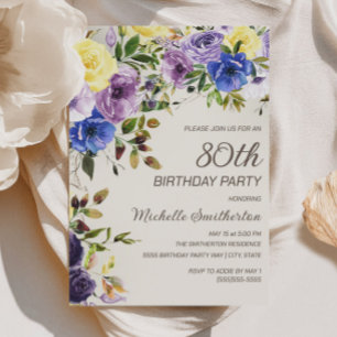 Purple Yellow Watercolor Floral 80th Birthday Invitation