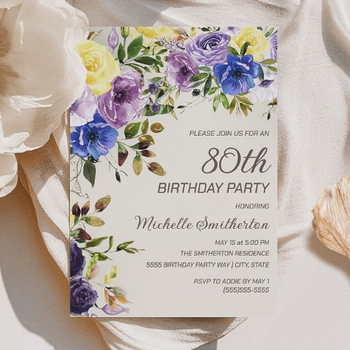 Purple Yellow Watercolor Floral 80th Birthday Invitation