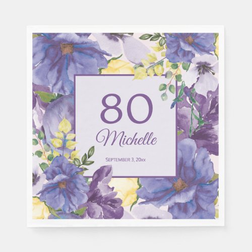 Purple Yellow Watercolor Floral 80th Birthday Napkins