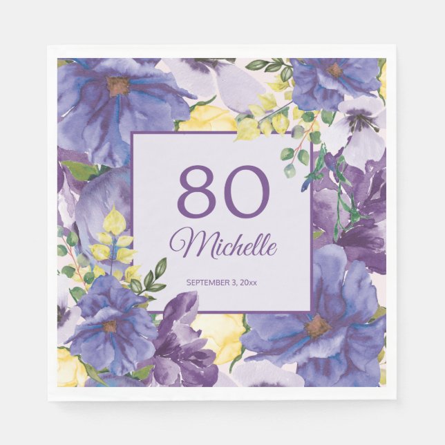 Purple Yellow Watercolor Floral 80th Birthday Napkins (Front)