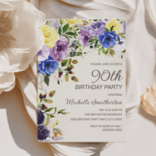 Purple Yellow Watercolor Floral 90th Birthday Invitation
