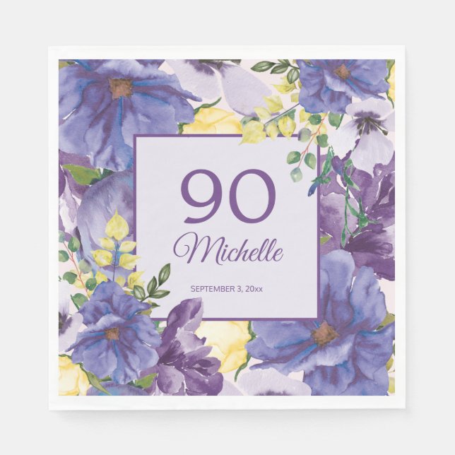 Purple Yellow Watercolor Floral 90th Birthday Napkins (Front)