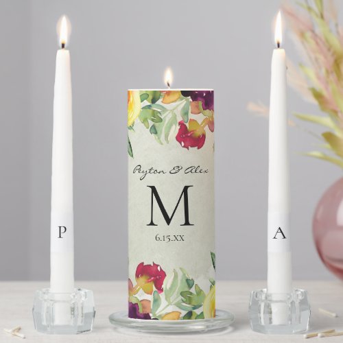 Purple Yellow Watercolor Floral Greenery Wedding   Unity Candle Set