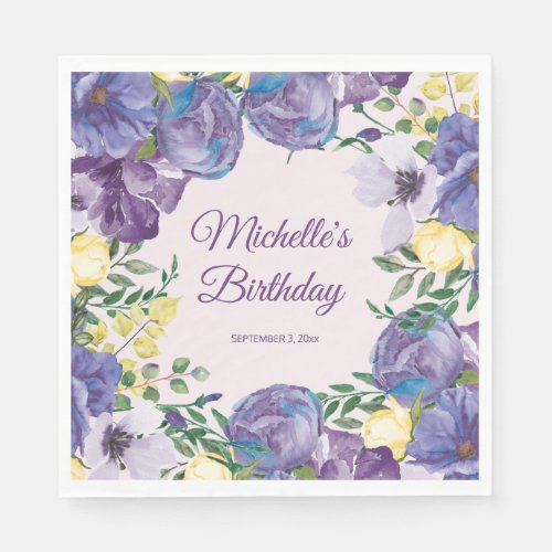 Purple Yellow Watercolor Floral Name Birthday Napkins