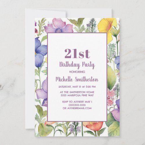 Purple Yellow Watercolor Flowers 21st Birthday Invitation
