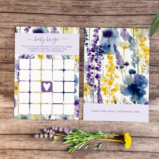 Purple Yellow Watercolor Wildflower Baby Bingo Invitation (Celebrate your mama-to-be moment in full bloom with this elegant wildflower design. )