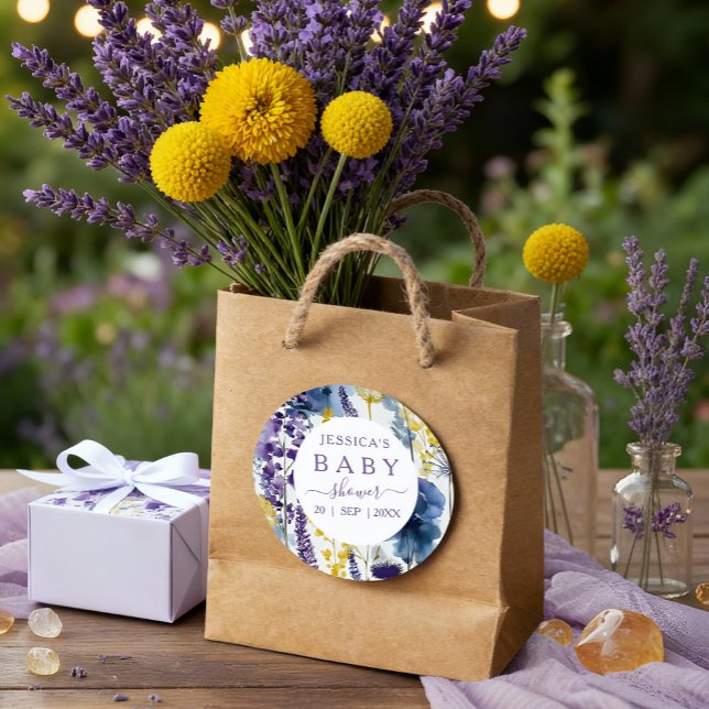 Purple Yellow Watercolor Wildflower Baby Shower Classic Round Sticker (Celebrate your mama-to-be moment in full bloom with this elegant wildflower design. )