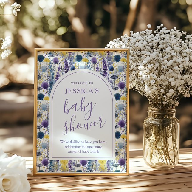 Purple Yellow Watercolor Wildflower Baby Shower Poster (Celebrate your mama-to-be moment in full bloom with this elegant wildflower baby shower sign. )
