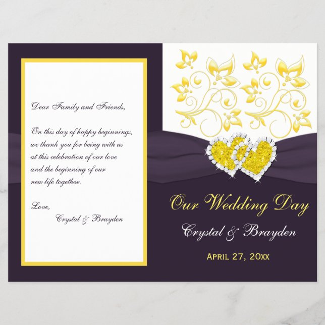 Purple Yellow White Floral, Hearts Wedding Program (Front)