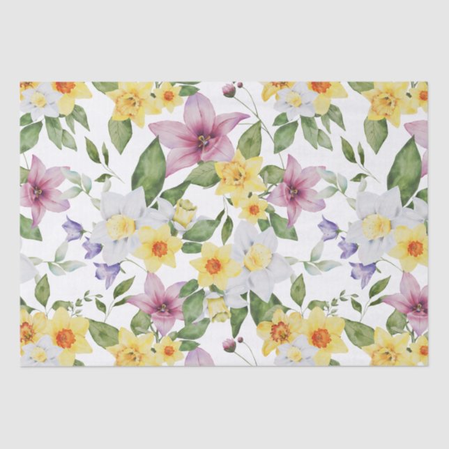 Purple Yellow White Green Floral Greenery For her Tissue Paper (Front)