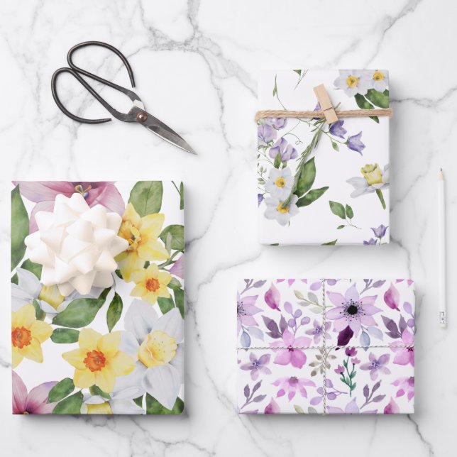 Purple Yellow White Green Floral Greenery For her Wrapping Paper Sheets (Front)