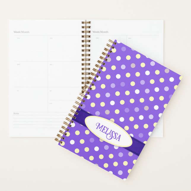 Purple yellow white polka dot custom name  planner (Display)