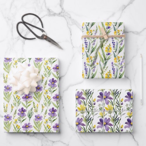 Purple Yellow Wildflowers Watercolor Bridal Shower Wrapping Paper Sheets