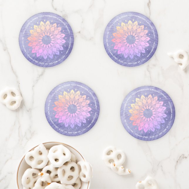 Purple Yoga Instructor Rose Gold Mandala Coaster Set (In Situ)