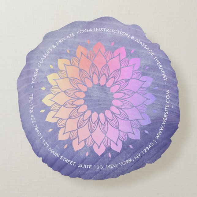 Purple Yoga Instructor Rose Gold Mandala Round Pillow (Back)