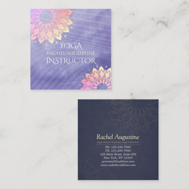 Purple Yoga Instructor Rose Gold Mandala Square Business Card (Front/Back)