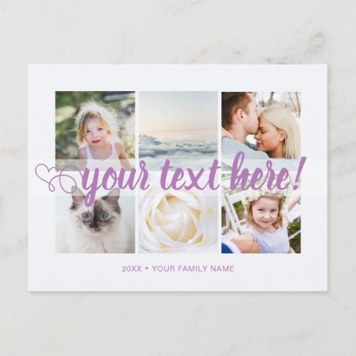 Purple Your custom text 6 photos collage universal Postcard