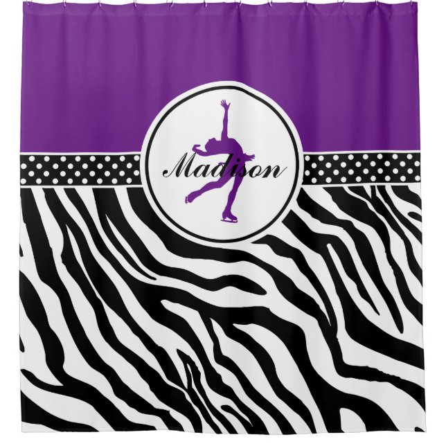 Purple Your Name Zebra Print Figure Skating Shower Curtain (Front)