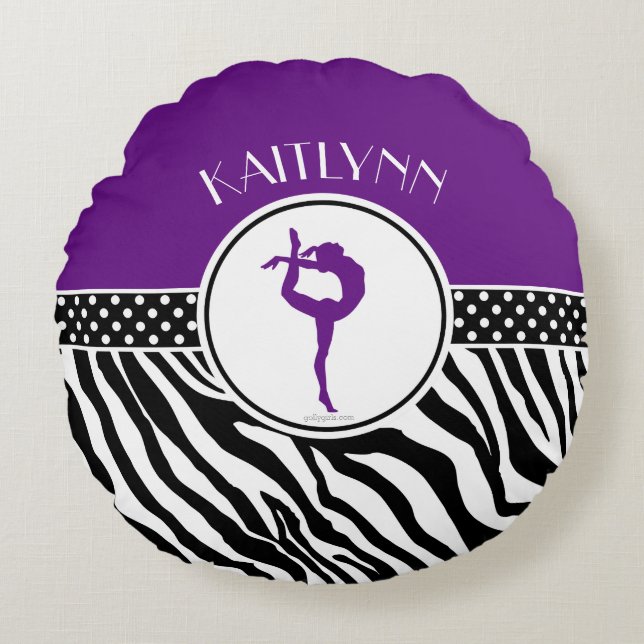 Purple Your Name Zebra Print Gymnastics Round Pillow (Front)