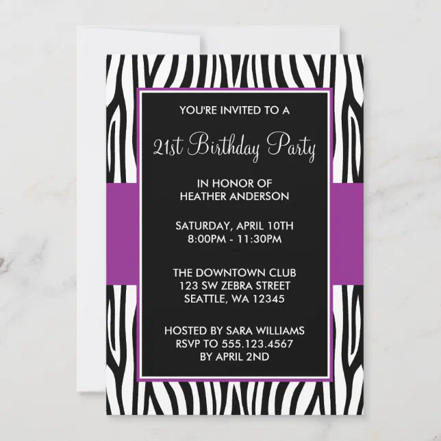 Purple Zebra 21st Birthday Party Invitation | Zazzle
