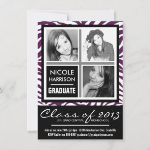 Purple Zebra 3 Photo Graduation Black and White Invitation