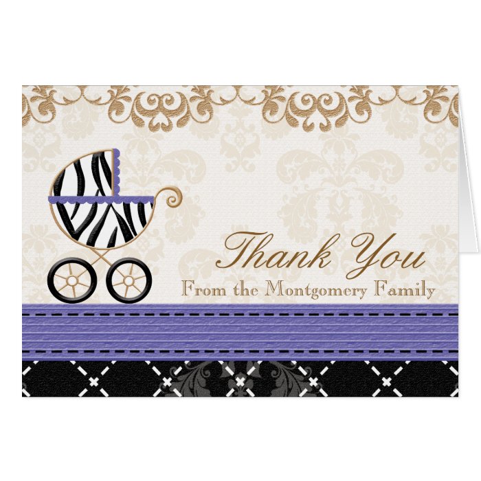 Purple Zebra Baby Carriage Shower Thank You Greeting Cards