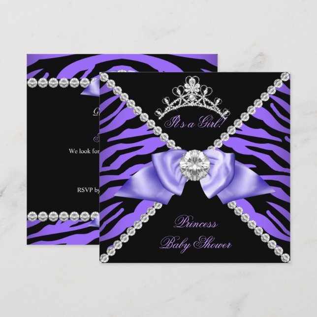 Purple Zebra Baby Shower Girl Princess Diamond Invitation (Front/Back)