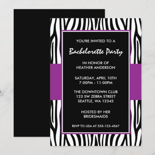 Purple Zebra Bachelorette Party Invitations