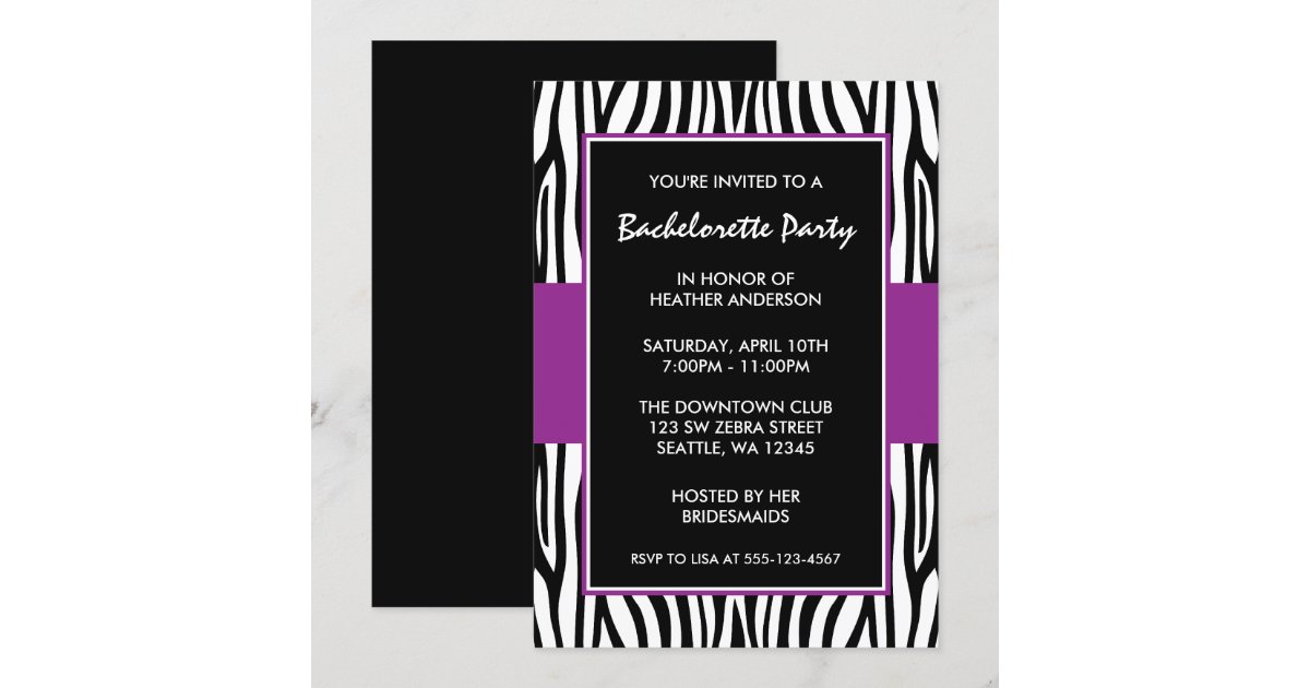 Purple Zebra Bachelorette Party Invitations | Zazzle