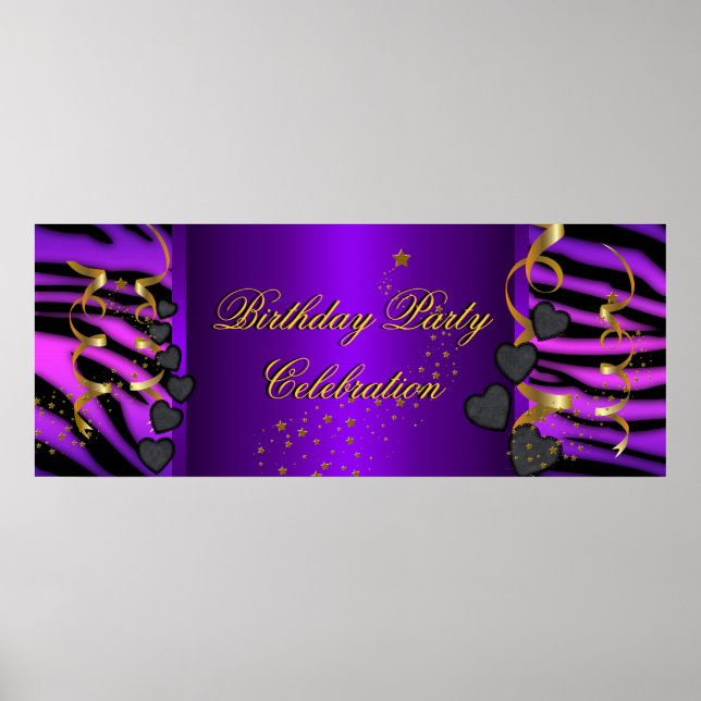 Purple Zebra Banner Birthday Party Celebration Poster (Front)