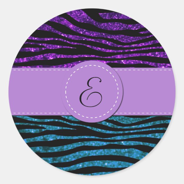 Purple Zebra, Blue Zebra, Glitter Zebra, Monogram Classic Round Sticker (Front)