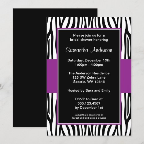 Purple Zebra Bridal Shower Custom Announcements