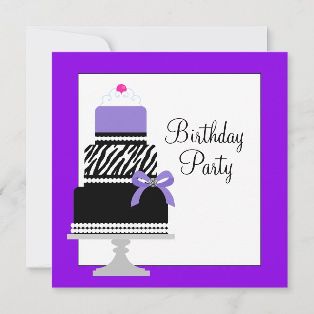 Purple Zebra Cake Cupcake Birthday Party Invitatio Invitation (Front)