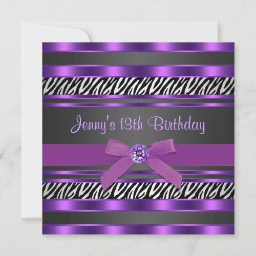 Purple Zebra Girls 13th Birthday Party Personalized Invitations