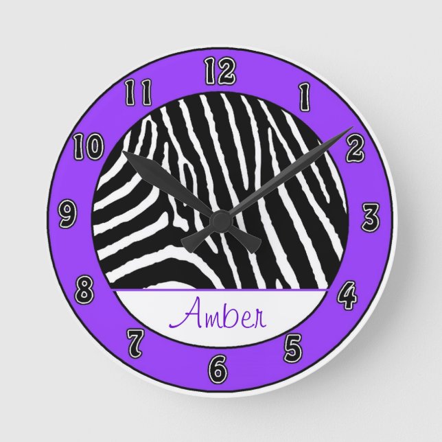 Purple Zebra Girls Clock with Name (Front)