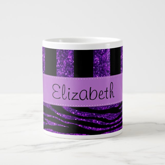 Purple Zebra, Glitter, Purple Stripes, Your Name Giant Coffee Mug (Front)