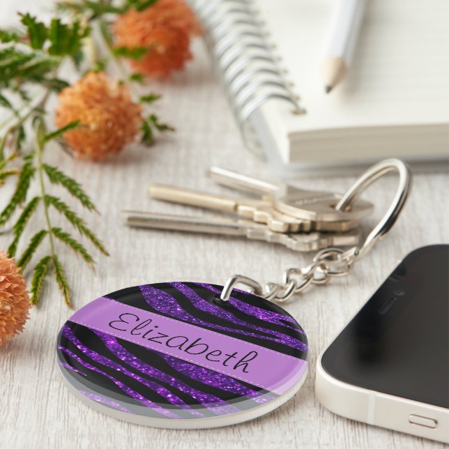 Purple Zebra, Glitter Zebra, Stripes, Your Name Keychain (Front Right)