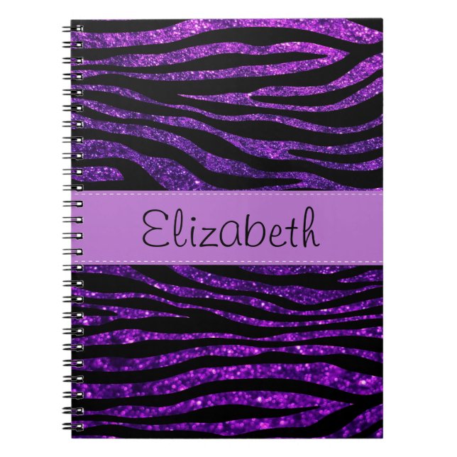 Purple Zebra, Glitter Zebra, Stripes, Your Name Notebook (Front)