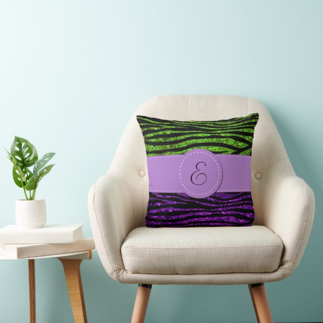Purple Zebra, Green Zebra, Glitter Zebra, Monogram Throw Pillow (Chair)
