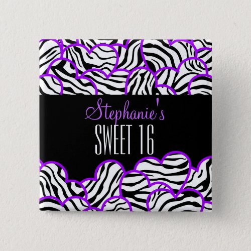 Purple zebra heart Sweet 16 Birthday Button