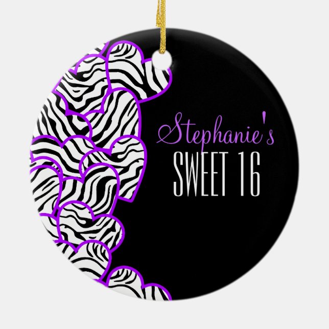 Purple zebra hearts Sweet 16 Birthday Ornament (Back)