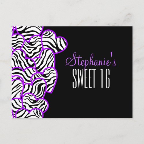 Purple zebra hearts Sweet 16 Birthday Postcard