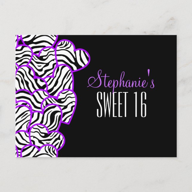 Purple zebra hearts Sweet 16 Birthday Postcard (Front)