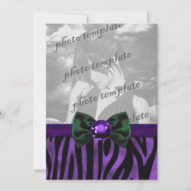 Purple Zebra Jeweled Bow Gothic Invitation (Front)