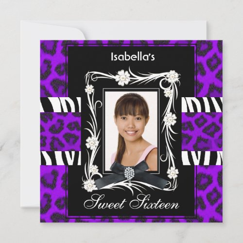 Purple Zebra Leopard Sweet Sixteen 16 Black White Invitation