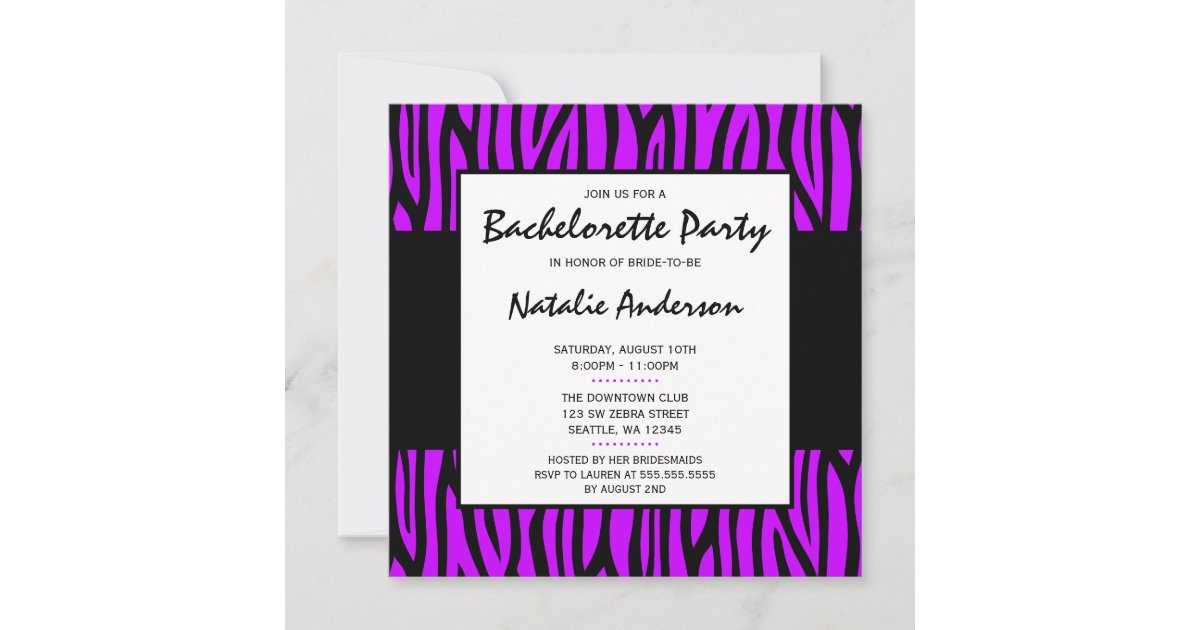 Purple Zebra Modern Bachelorette Party Invitation | Zazzle